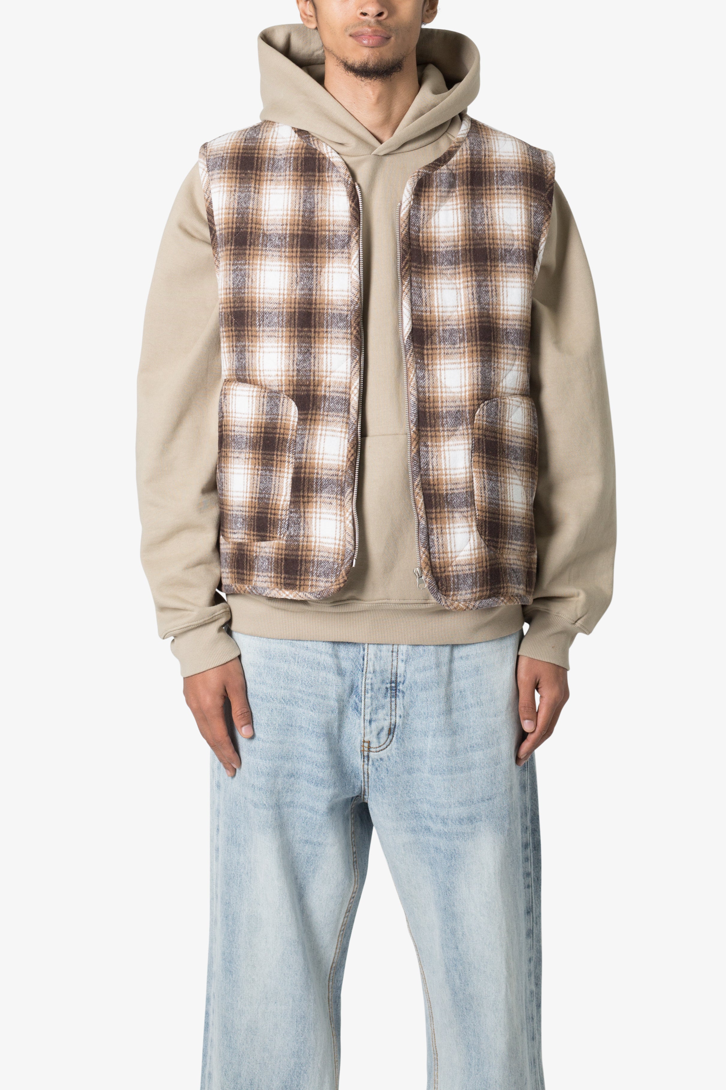 Brushed Plaid Vest - Brown/White