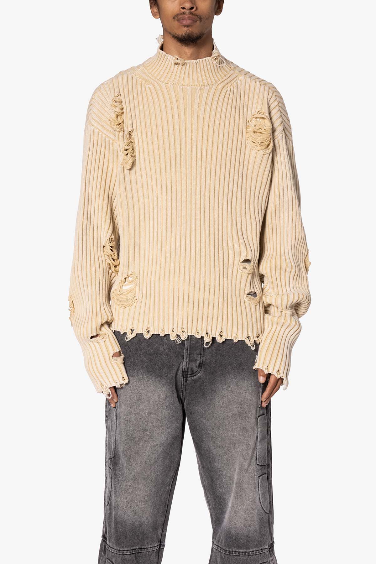 Distressed Crop Knit Sweater - Khaki