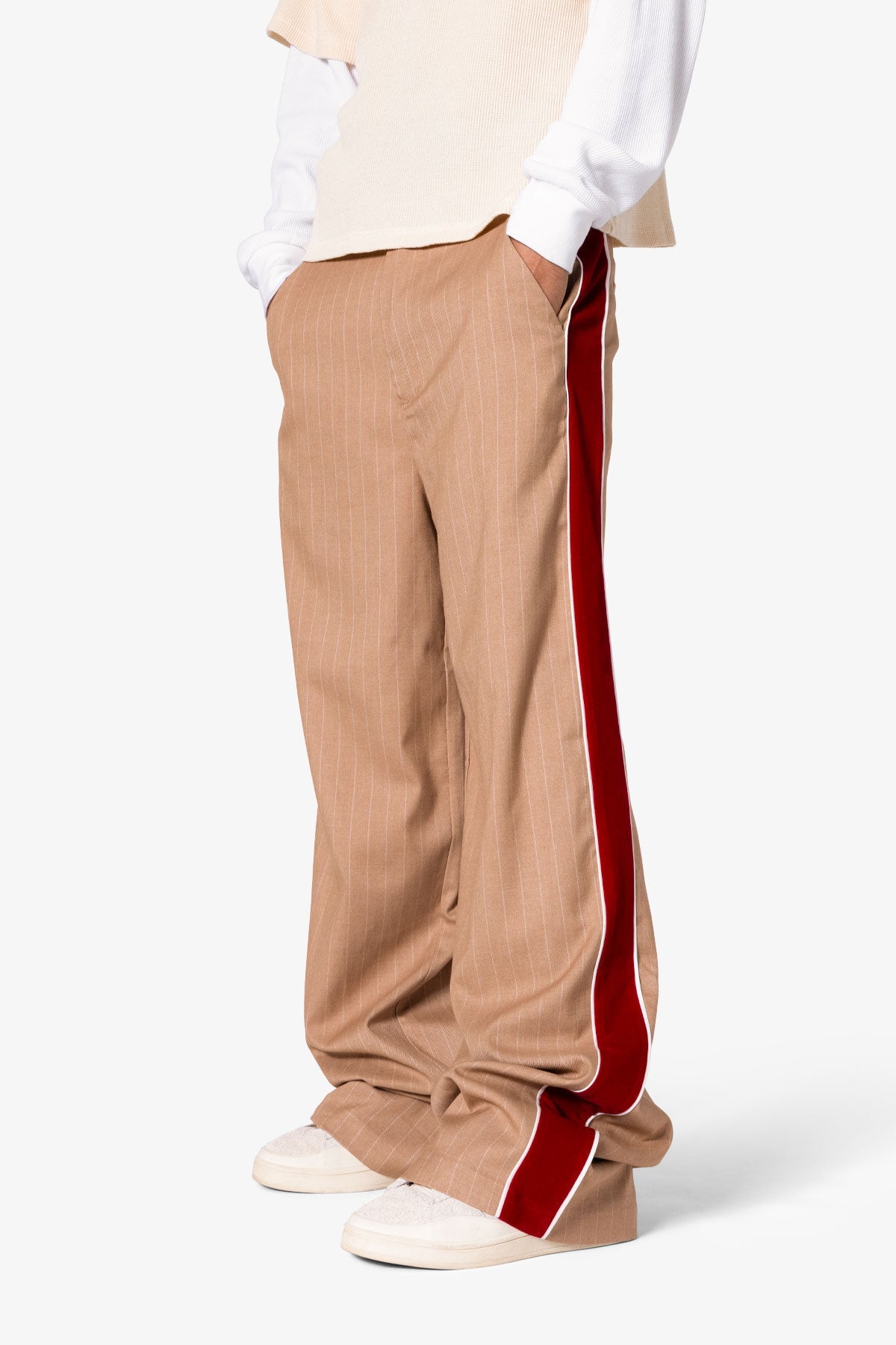 Pinstripe Velvet Trim Trouser Pants - Tan