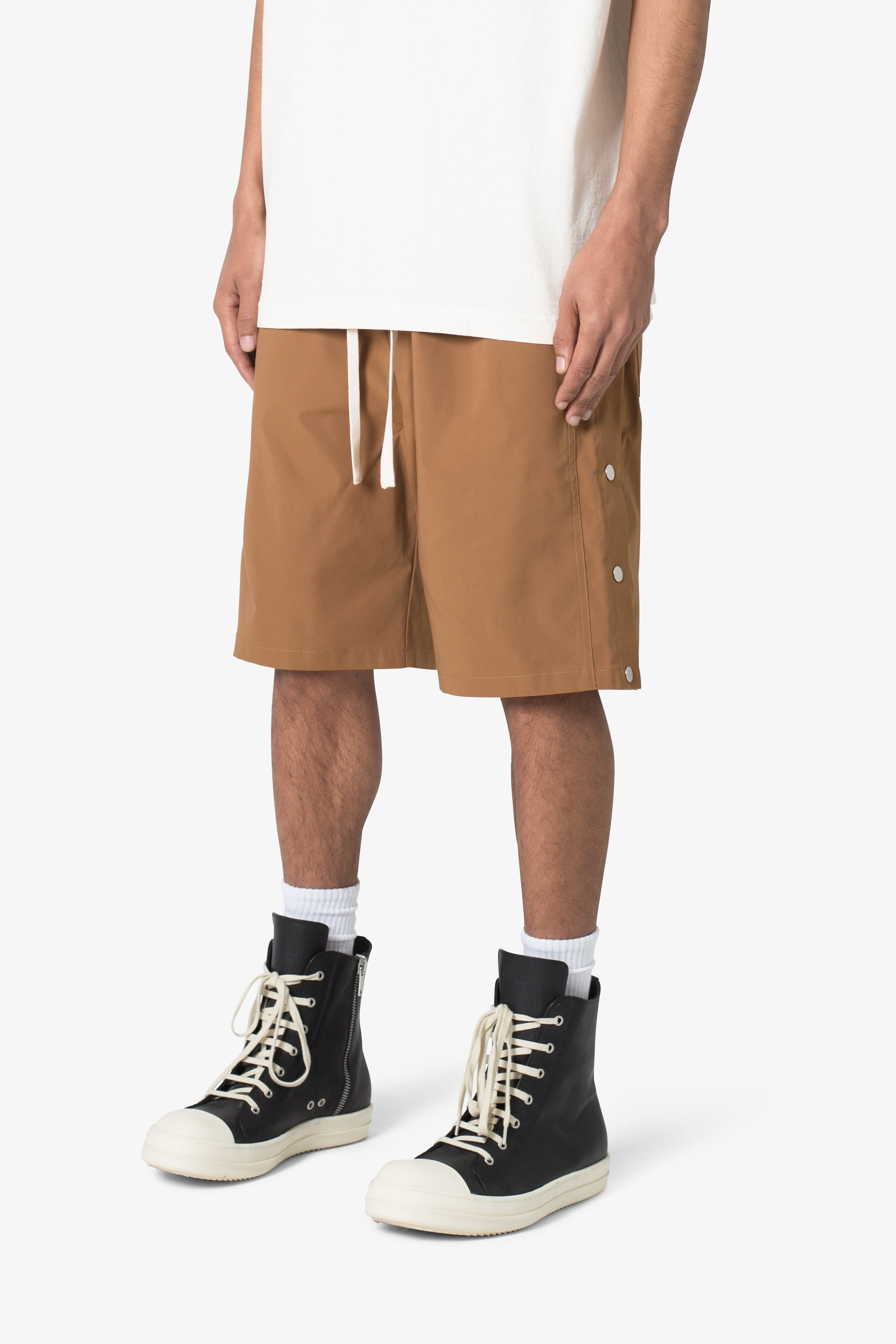 Side Snap Nylon Shorts - Brown