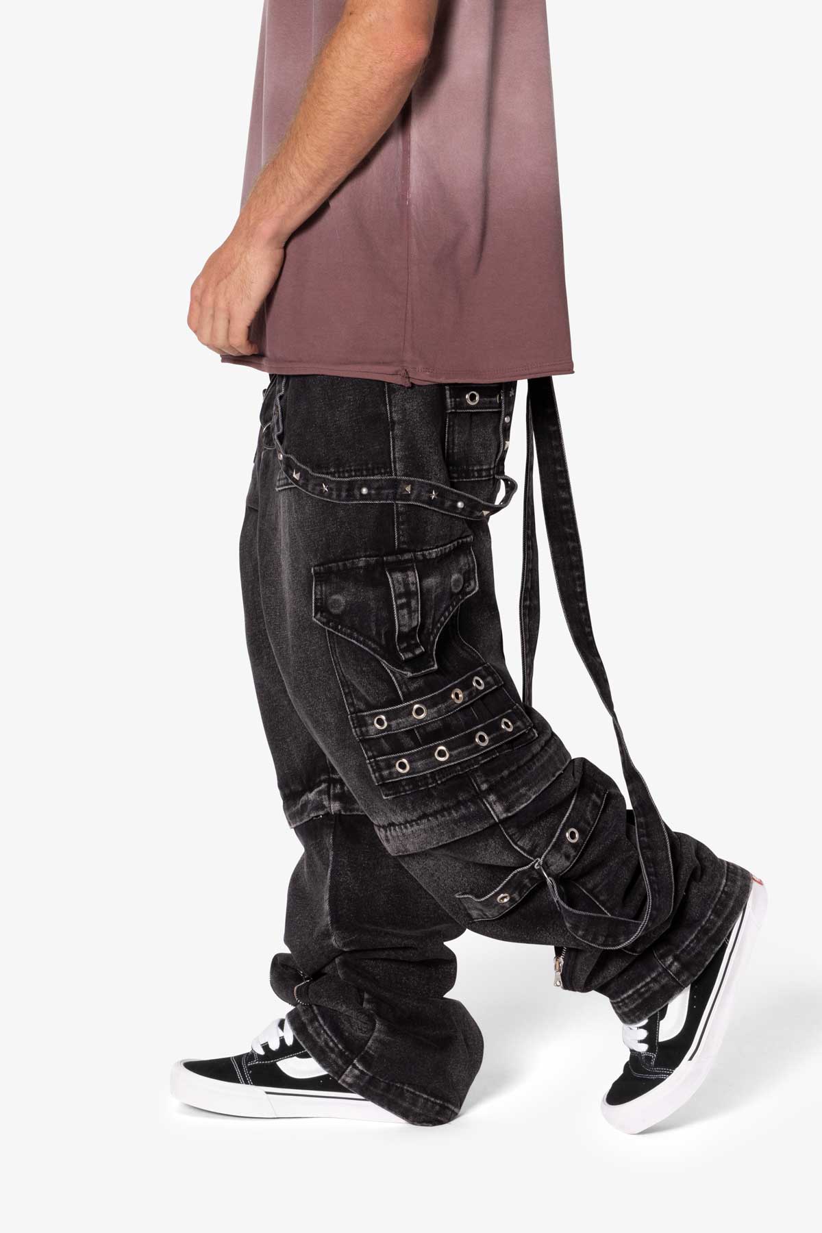 Ultra Baggy Studded Cargo Denim - Washed Black