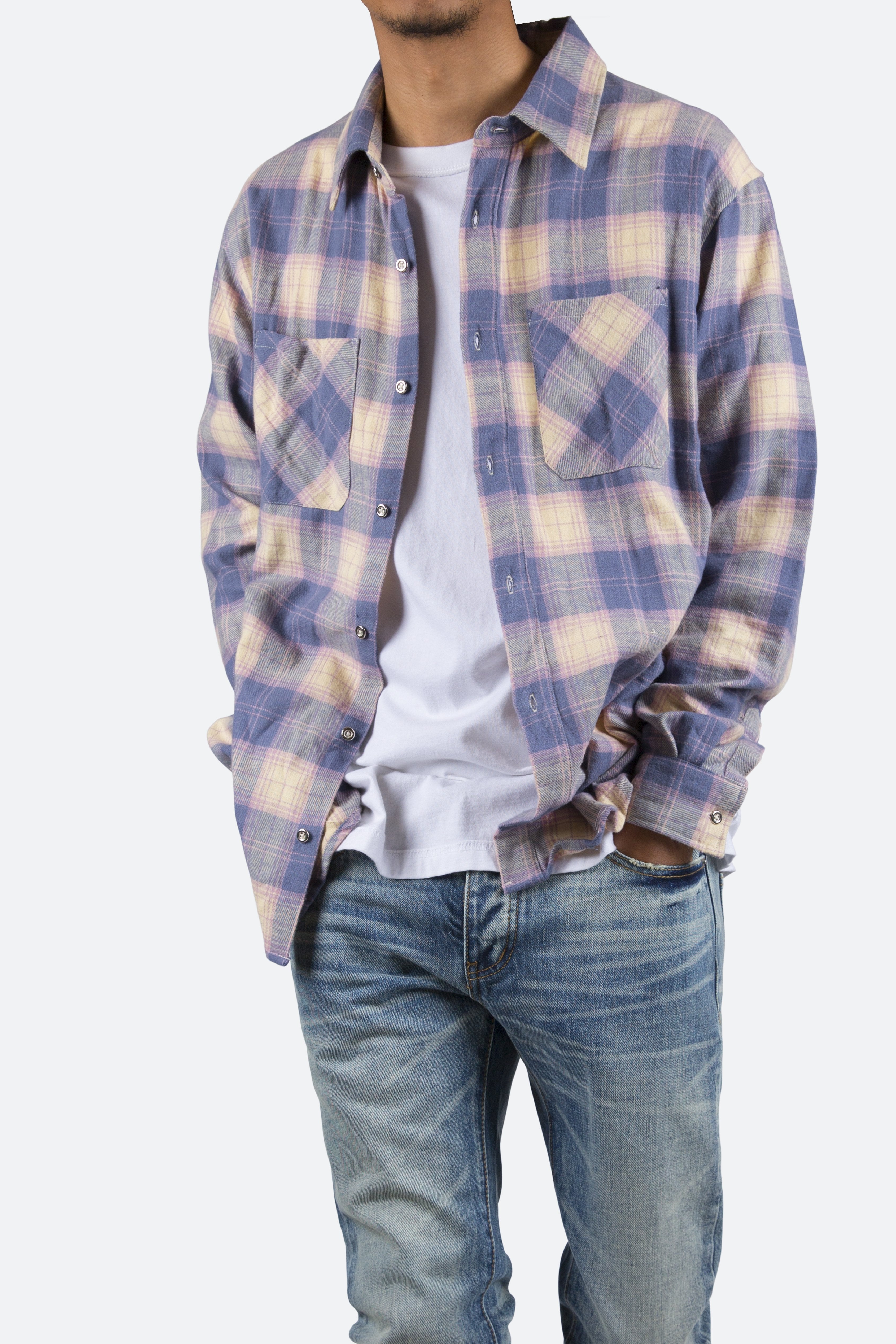 Metal Button Flannel - Blue/Yellow