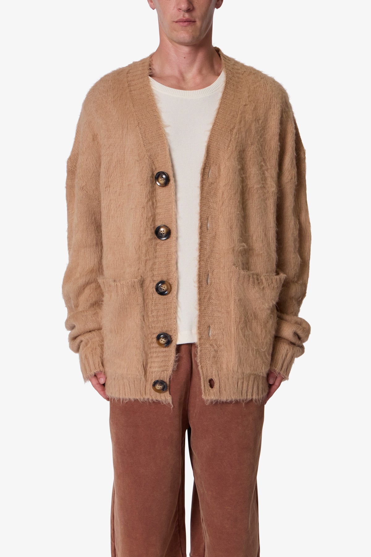 Elongated Fuzzy Cardigan Sweater - Brown