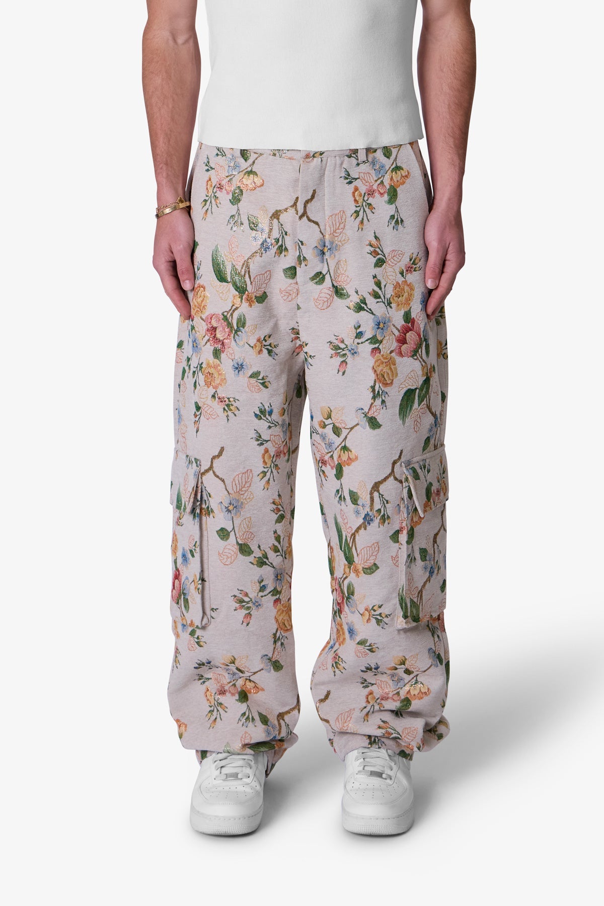 Jacquard Rose Cargo Pants - Gold