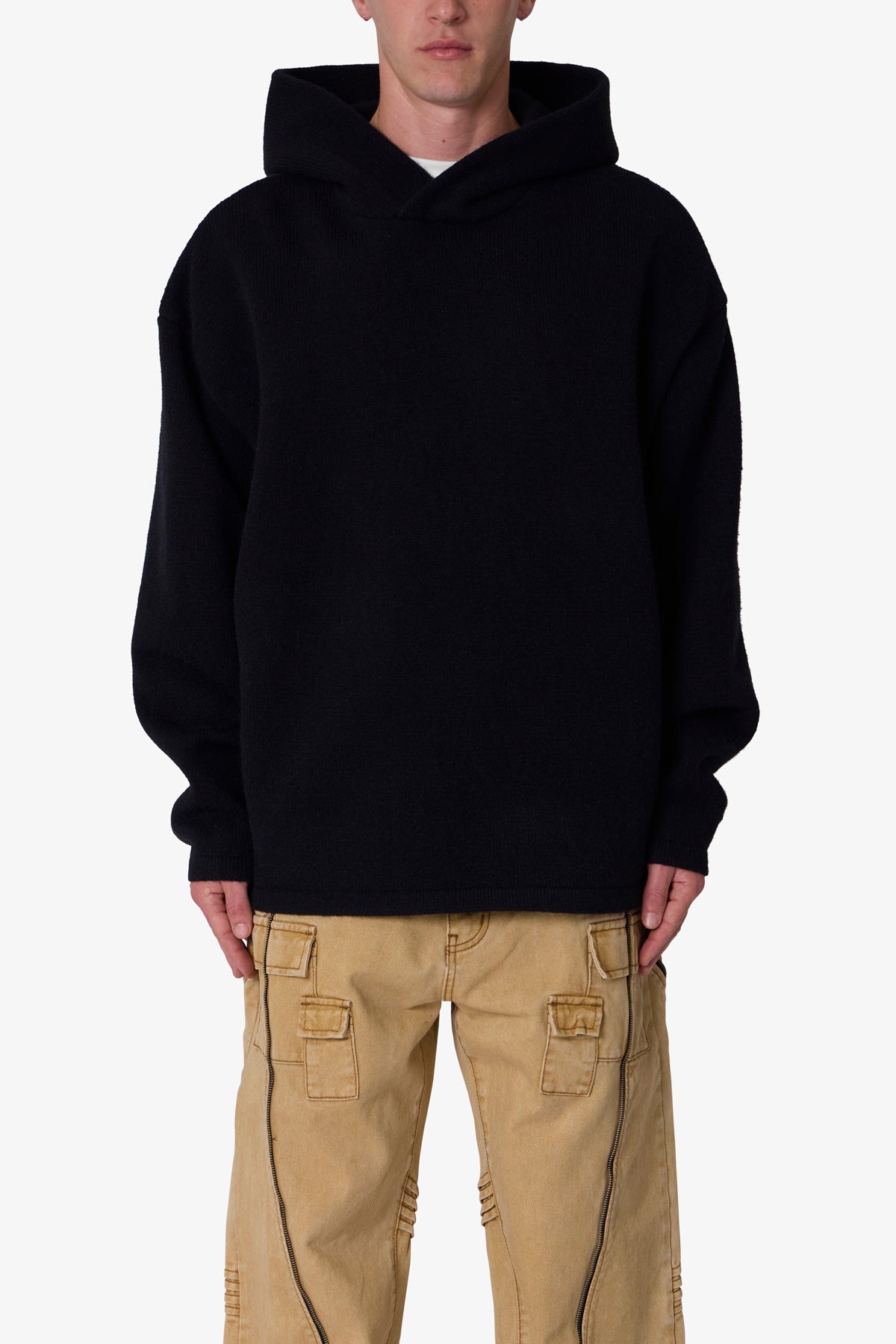 Tonal Grain Knitted Hoodie - Black